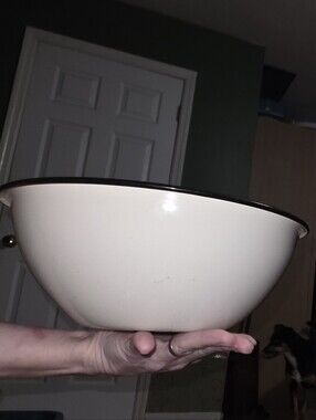 Vintage Cream Enamelware Mixing Bowl Off White Basin with Black Rim APPROX 12X5